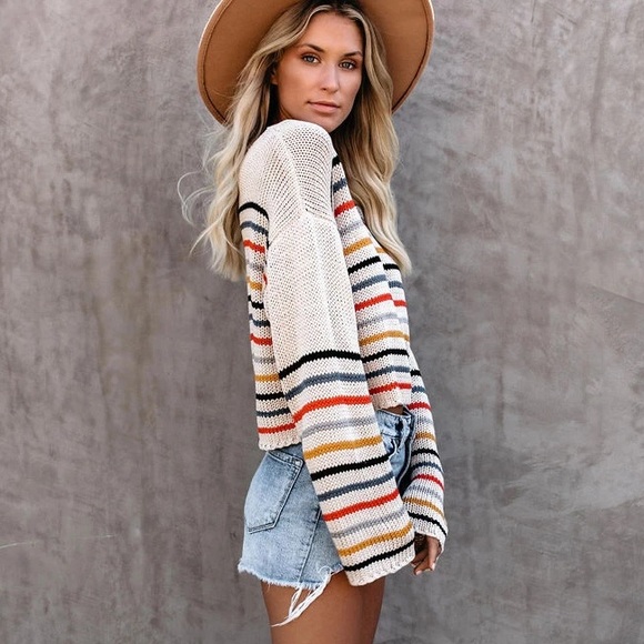 ♦️🎊Free Breeze Colorful Striped Sweater Cream - Picture 4 of 7